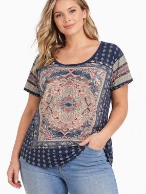 Lucky Brand Persian Carpet Print Tee Boho Short Sleeve Blue 2X